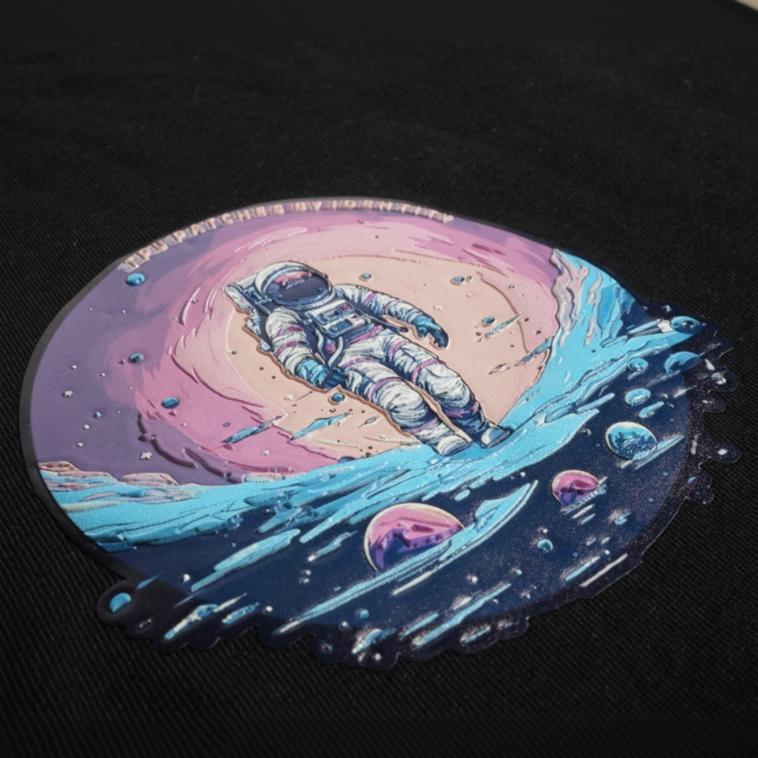 A circular die-cut tpu patch featuring an astronaut floating in outer space with a pink planet and blue water-like swirls, placed on a black textured surface.